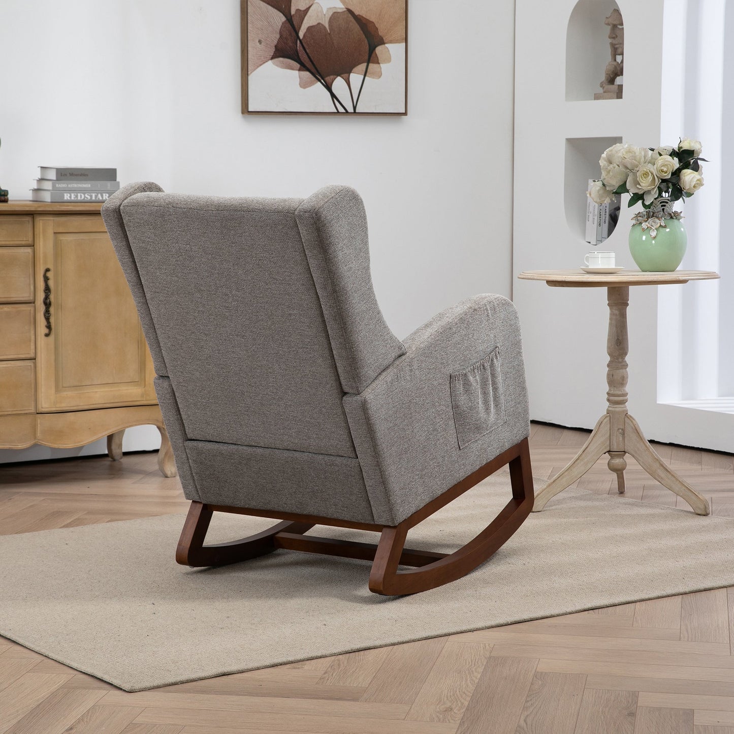 25.4'W Modern Rocking Chair for Nursery, Mid Century Accent Arm Rocker With Retractable Footrest, Side Pocket, Comfy Upholstered Wingback Wooden Glider Chair for Living Room Baby Kids Room. Taupe
