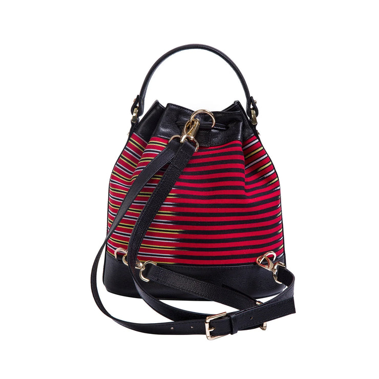 Black Leather & Striped Fabric Pattern Convertible Bag - Fluent Trends