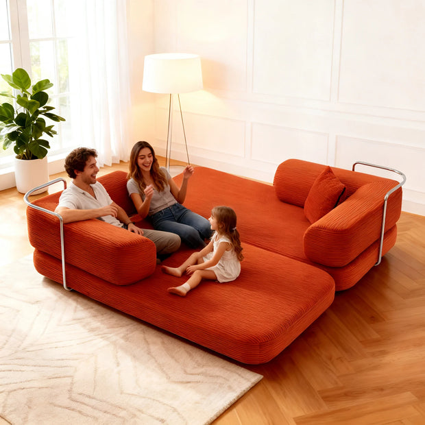 Red Corduroy 5-in-1 Modular Floor Sofa Sleeper Bed, No Assembly - Fluent Trends