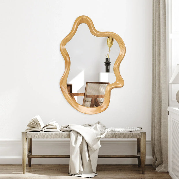 Irregular Wall Mirror with Natural Wood Frame - 33.46" x 22.24" - Fluent Trends