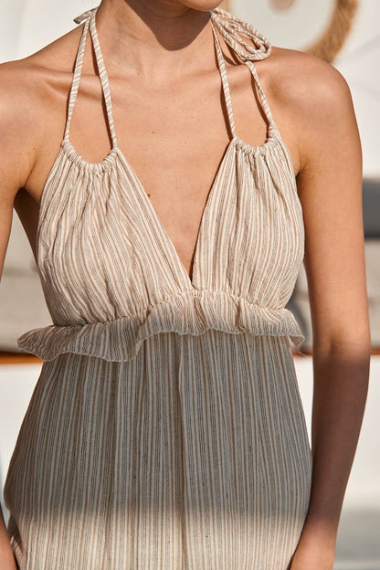 Neck Tie Ruffle Dress — Sand Stripe Soléa