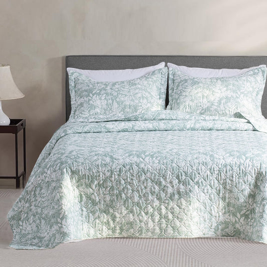 Kasentex Lightweight Botanical Green Floral Quilt Set - Light All Season Bedding, Room Decor, Graduation Gifts Kasentex