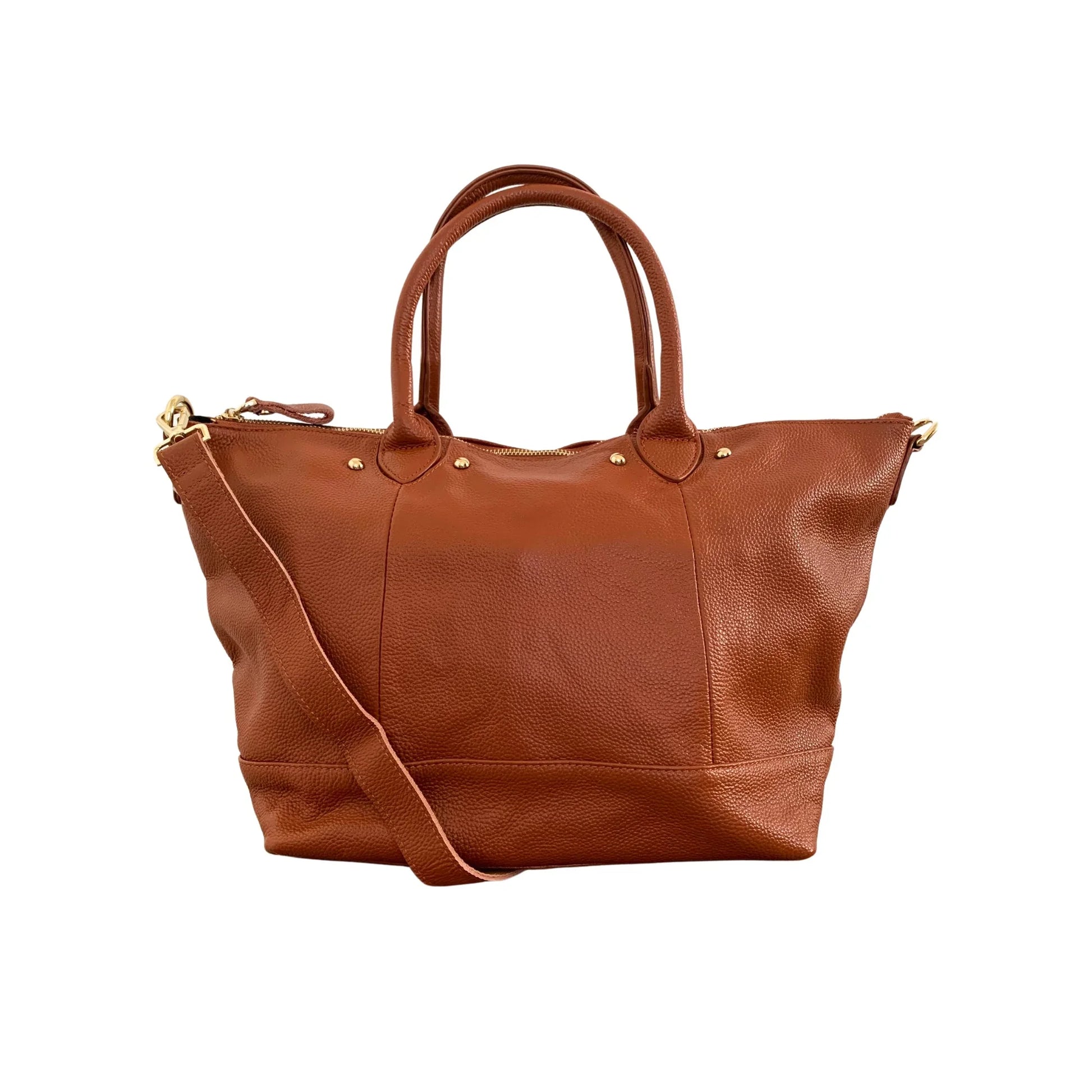 Brown leather tote handbag with double handles, gold studs, and detachable shoulder strap