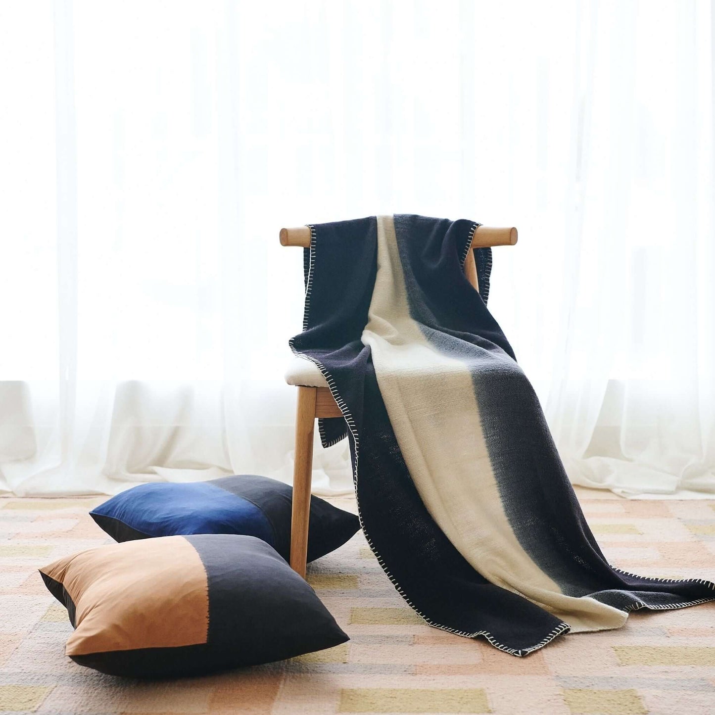 Ink Black White Ombre Textured Throw  In Hand Spun Merino And Hand Stitched Hem