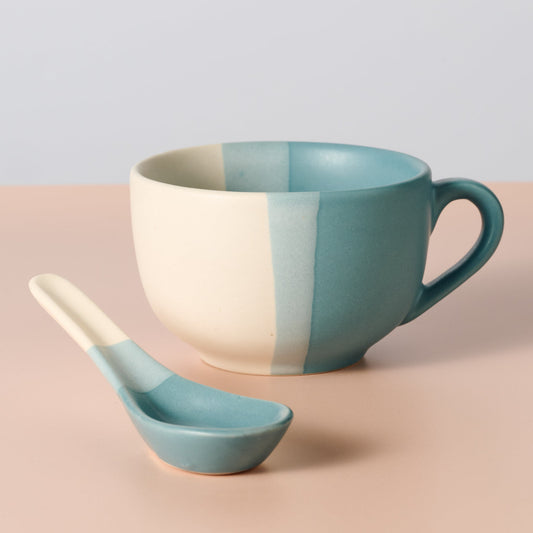 Jumbo Soup Mug with Spoon - 20oz Ceramic Bowl Mug Striped Blue
