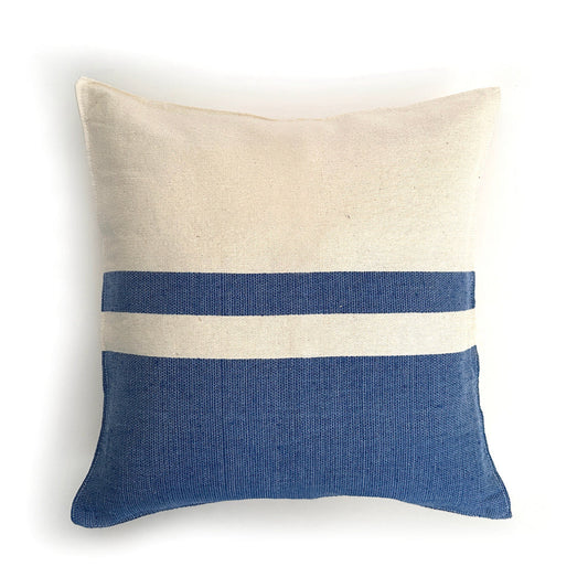 Woven Block Pillow Case - Natural with Blue Powered by People