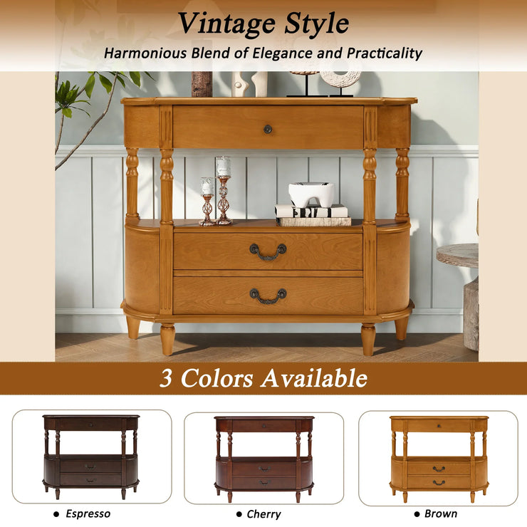 Retro Curved Wood Console Table with 3 Drawers, 43'' Entry Table with Storage Shelf, Sofa Table Behind Couch with Solid Wood Legs for Living Room Hallway, Brown - Fluent Trends
