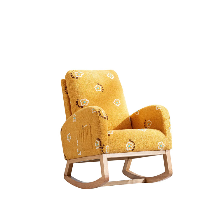 Modern Nursery Rocking Chair Mid Century Accent with Side Pocket Mustard Boucle Upholstered High Back - Fluent Trends