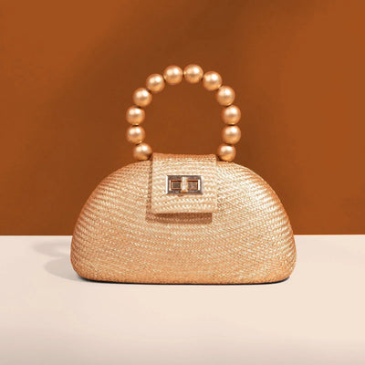 The Orla Gold Woven Straw & Wooden Bead Statement Clutch Bag - Fluent Trends