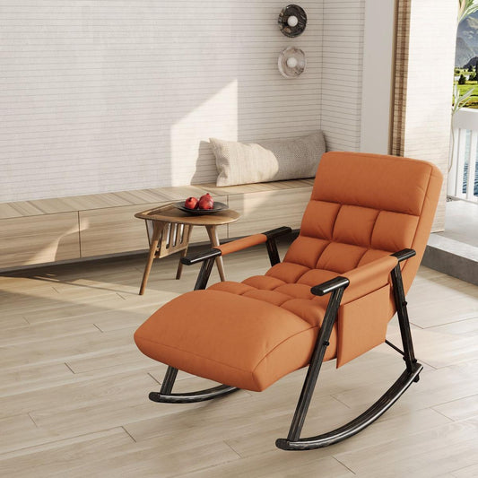 Casual folding rocking chair upholstered, lounge rocking chair adjustable high back and foot rest,side pockets placed in living room bedroom balcony Streamdale Furniture
