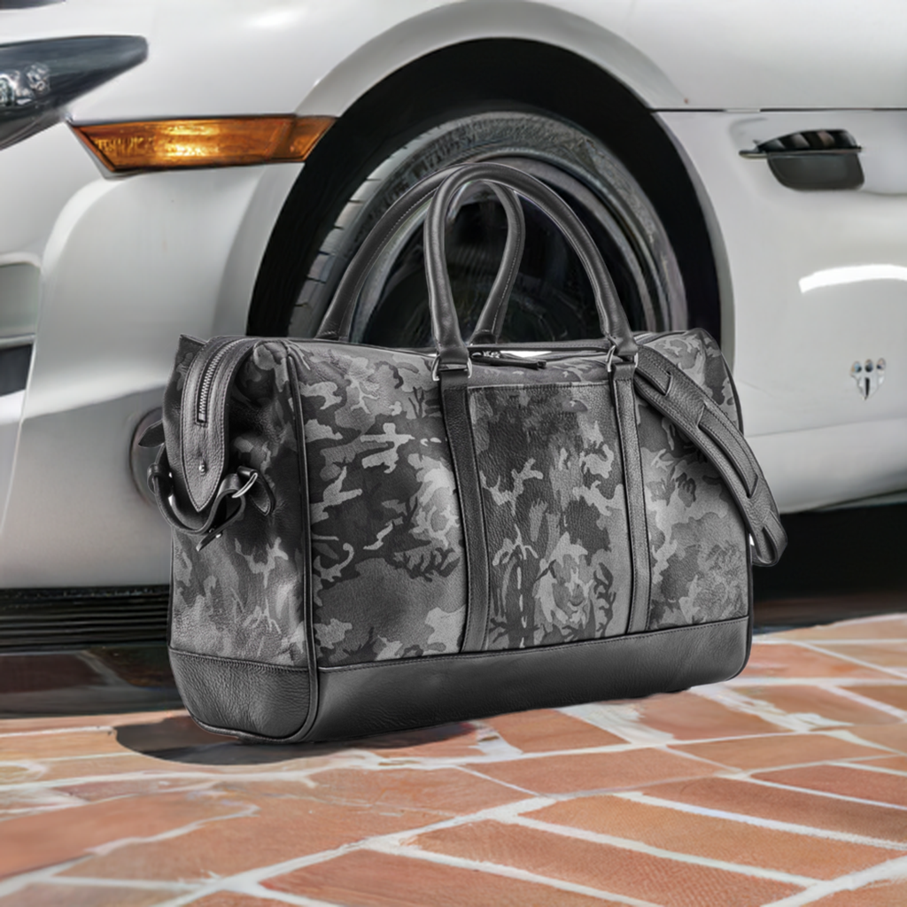 Wanderlust Leather Weekender | Grey Camo