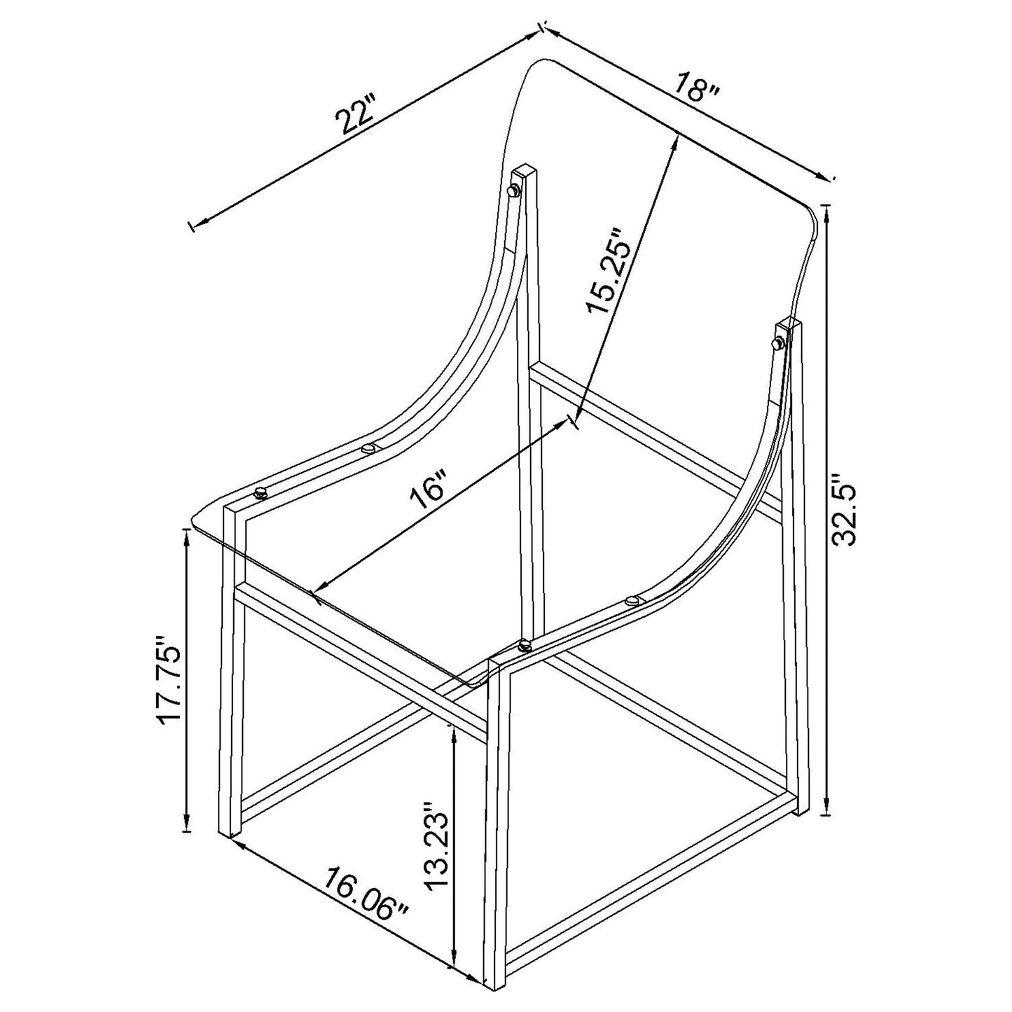 Technical drawing of chair with dimensions showing height, width, and seat measurements in inches
