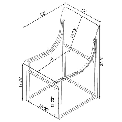 Technical drawing of chair with dimensions showing height, width, and seat measurements in inches