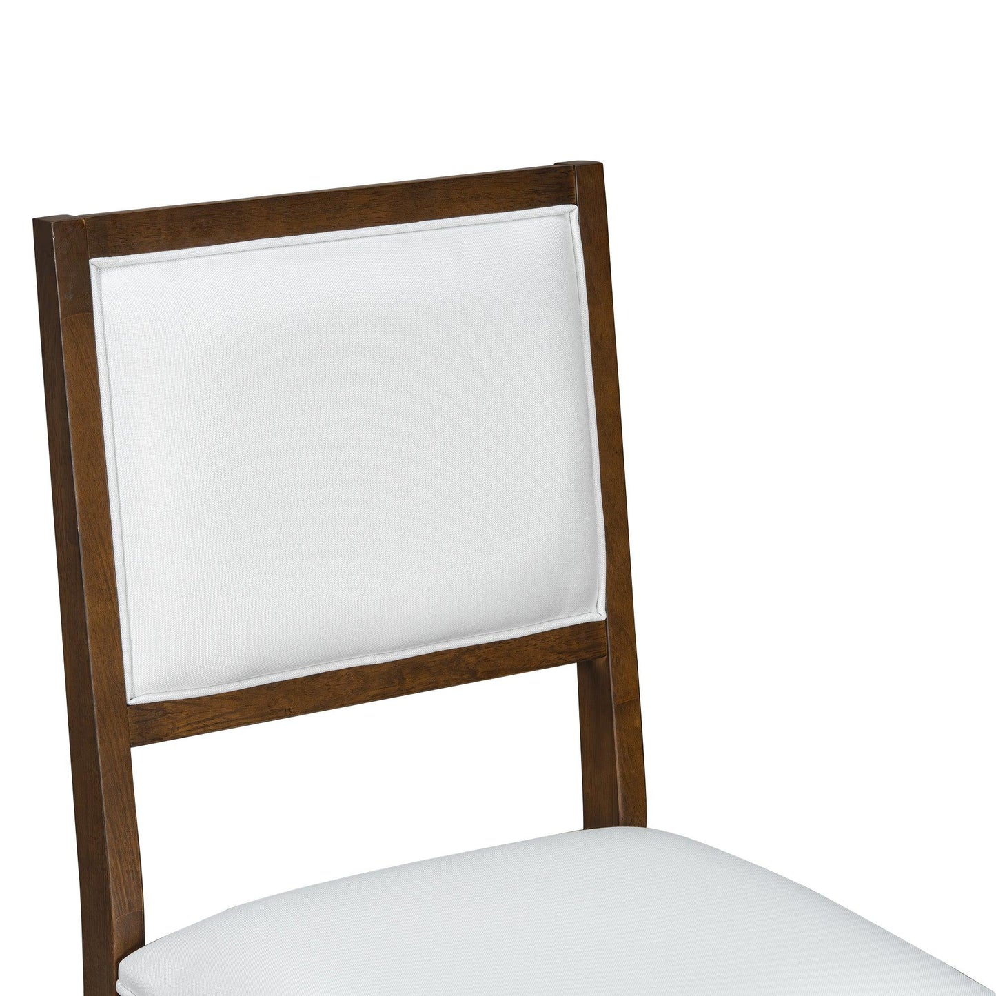 Wood-framed chair with white cushioned seat and backrest, modern dining chair design