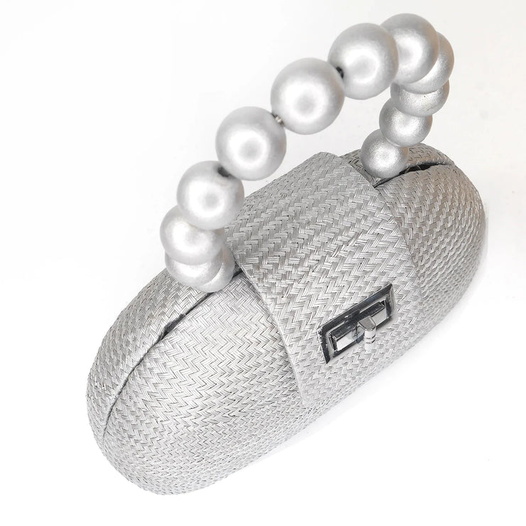 The Orla Silver Woven Straw & Wooden Bead Statement Clutch Bag - Fluent Trends