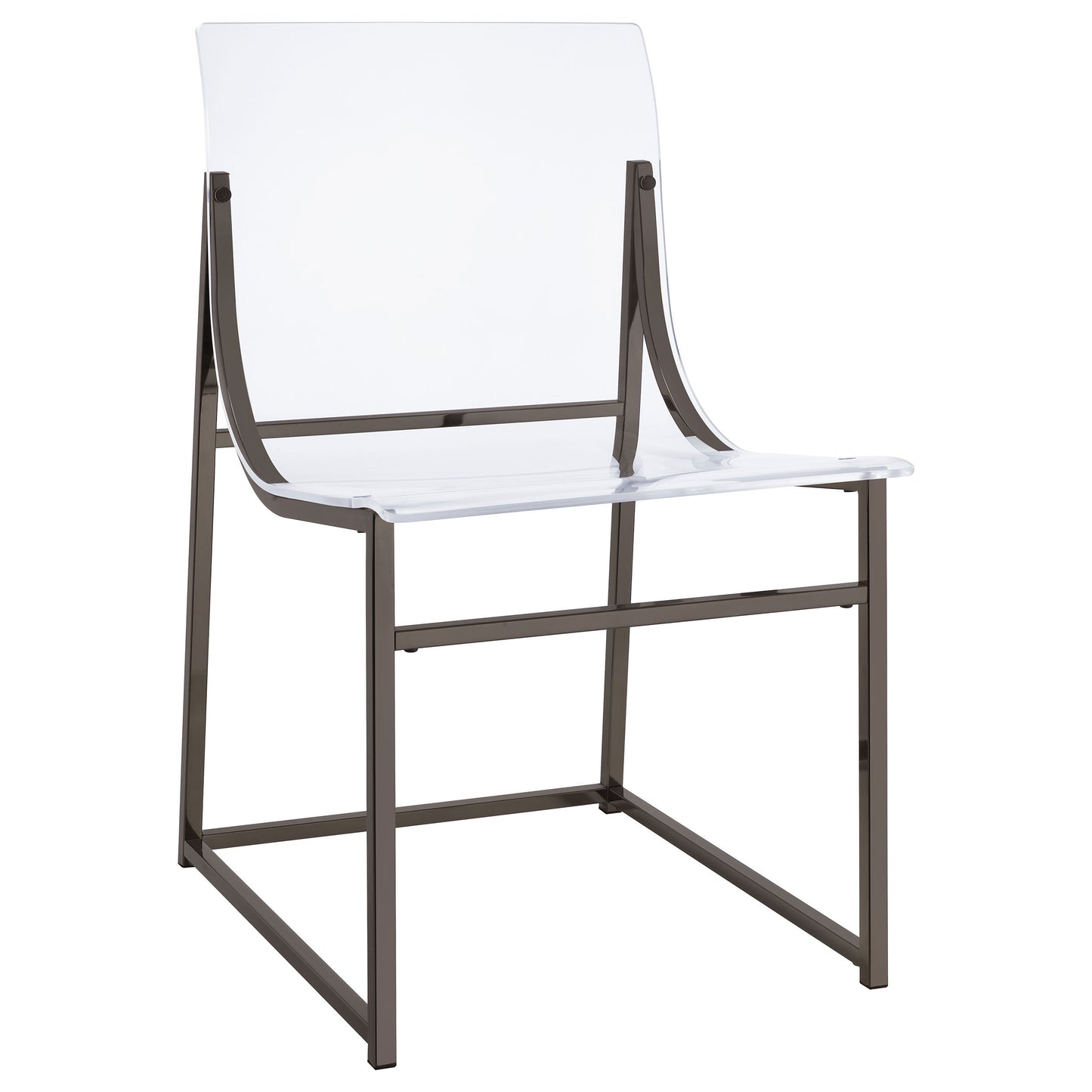 Transparent acrylic chair with gunmetal metal frame and modern minimalist design