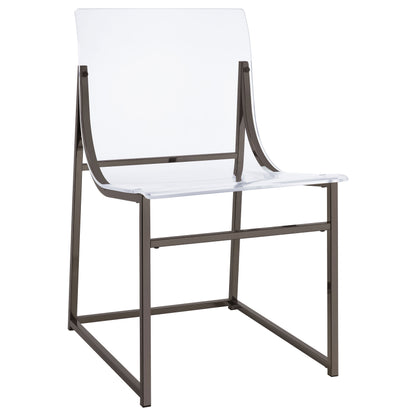 Transparent acrylic chair with gunmetal metal frame and modern minimalist design
