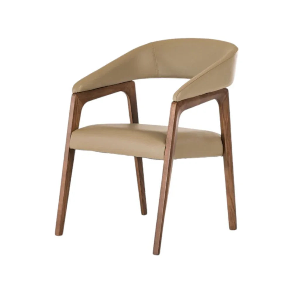 Modern beige leather accent chair with curved backrest and wooden tapered legs