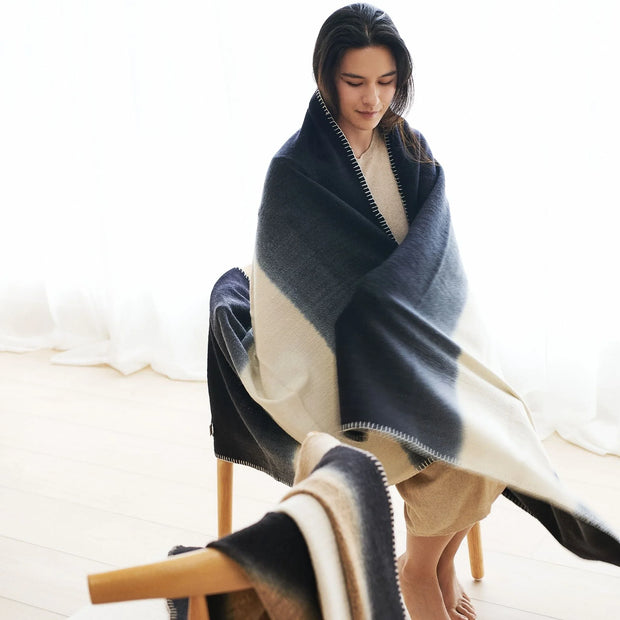 Ink Black White Ombre Textured Throw In Hand Spun Merino And Hand Stitched Hem - Fluent Trends Throw Blankets