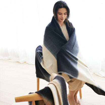 Ink Black White Ombre Textured Throw  In Hand Spun Merino And Hand Stitched Hem