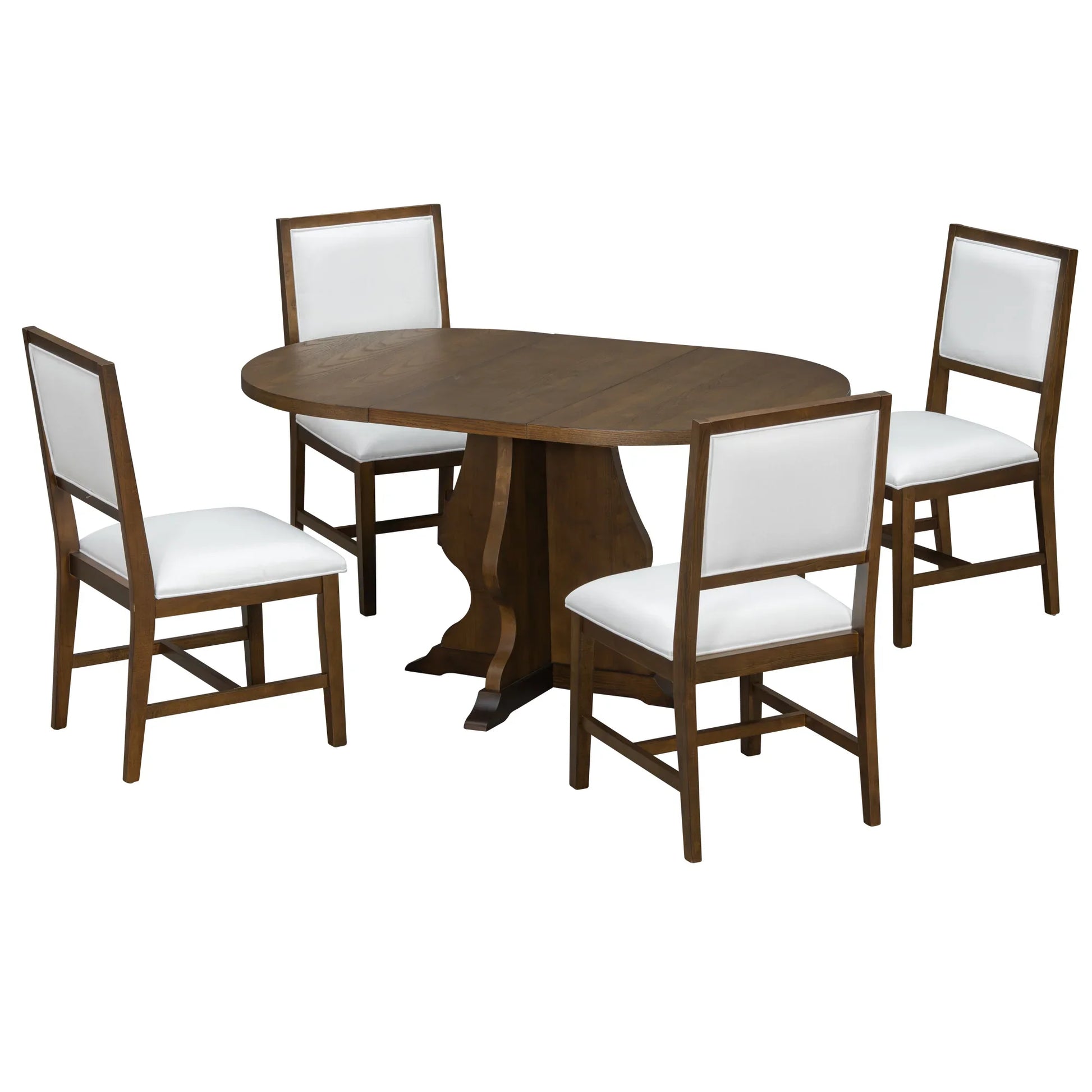 Oval wooden dining table with pedestal base and four cushioned chairs with white upholstery
