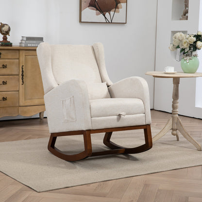 25.4'W Modern Rocking Chair for Nursery, Mid Century Accent Arm Rocker With Retractable Footrest, Side Pocket, Comfy Upholstered Wingback Wooden Glider Chair for Living Room Baby Kids Room. Beige Streamdale Furniture