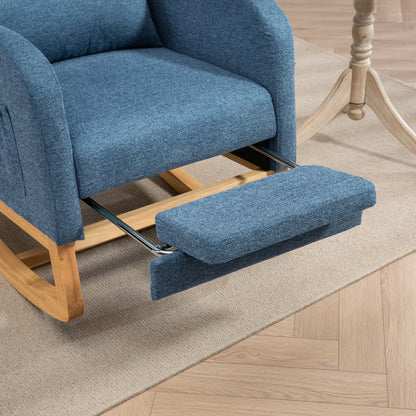 25.4'W Modern Rocking Chair for Nursery, Mid Century Accent Arm Rocker With Retractable Footrest, Side Pocket, Comfy Upholstered Wingback Wooden Glider Chair for Living Room Baby Kids Room. Blue