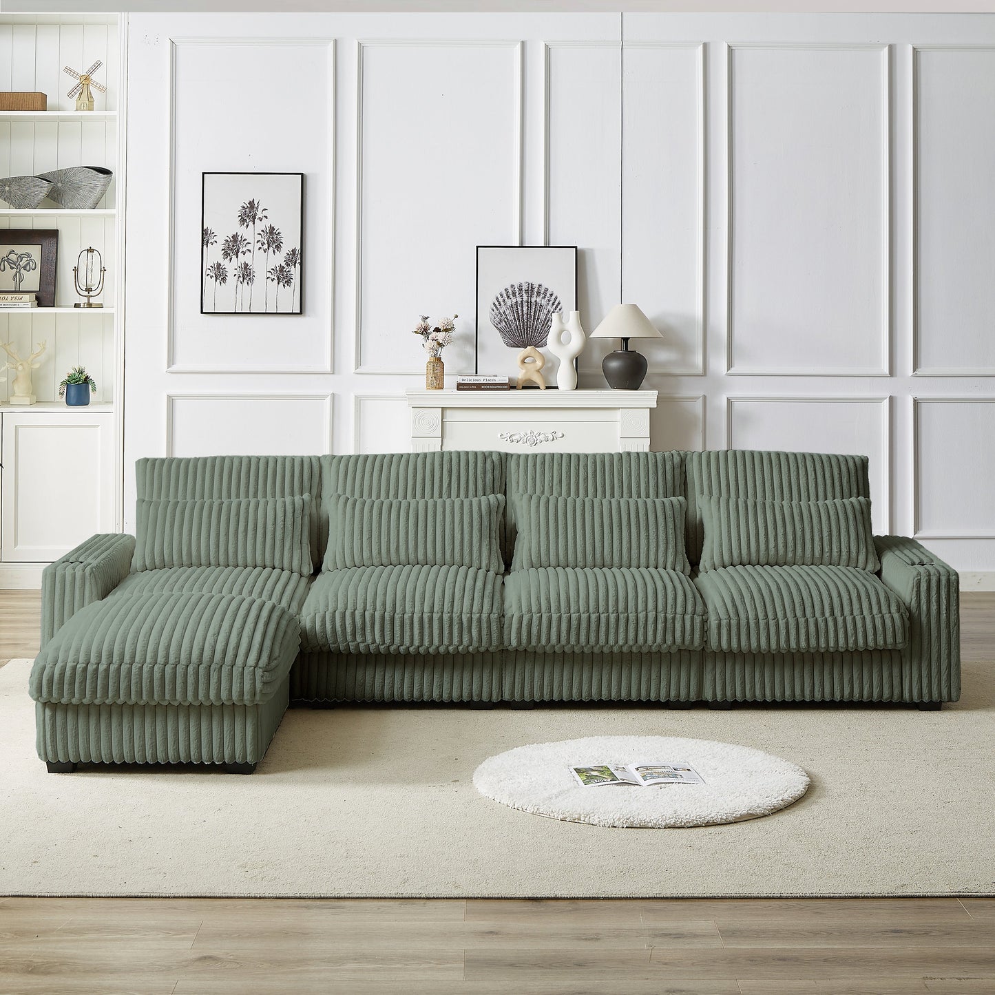 126-inch Corduroy With Cup Holder Super Large L-Shaped Sofa, Movable Footrest