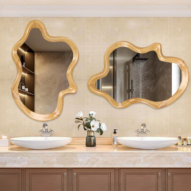 Irregular Wall Mirror with Natural Wood Frame - 33.46" x 22.24" - Fluent Trends