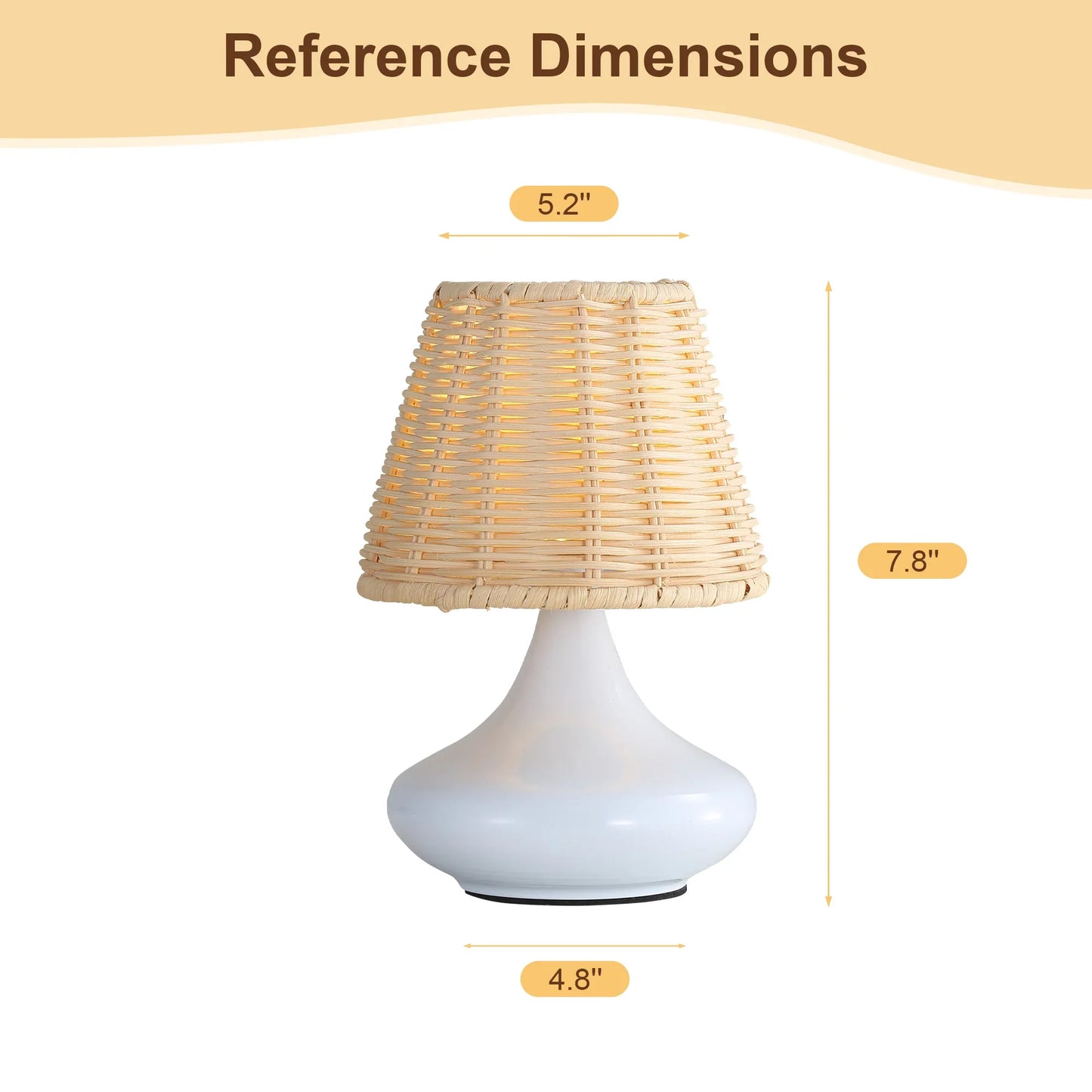 Table lamp with white ceramic base and woven rattan lampshade, dimensions 7.8 x 5.2 x 4.8 inches