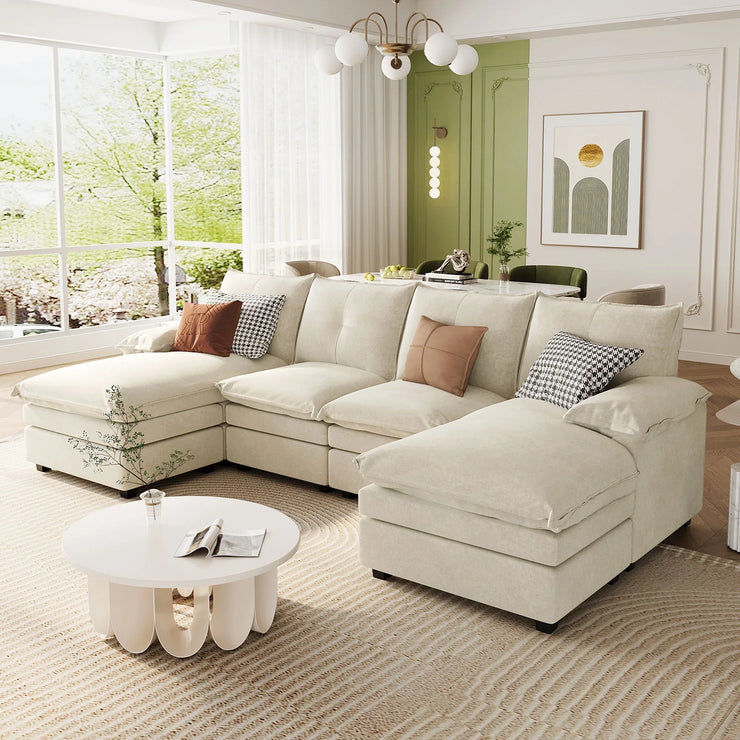 Fluent Trends U-Shaped Chenille Sectional Sofa - Beige 6-Seater with Adjustable Armrests - Fluent Trends