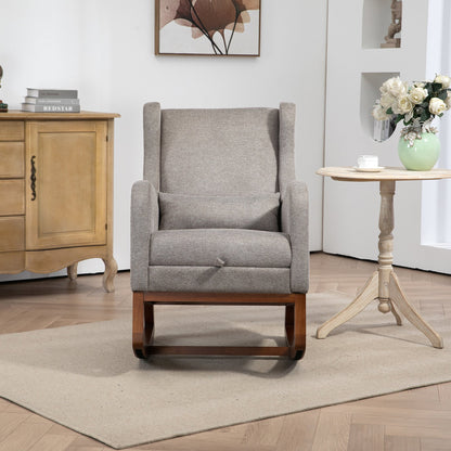 25.4'W Modern Rocking Chair for Nursery, Mid Century Accent Arm Rocker With Retractable Footrest, Side Pocket, Comfy Upholstered Wingback Wooden Glider Chair for Living Room Baby Kids Room. Taupe