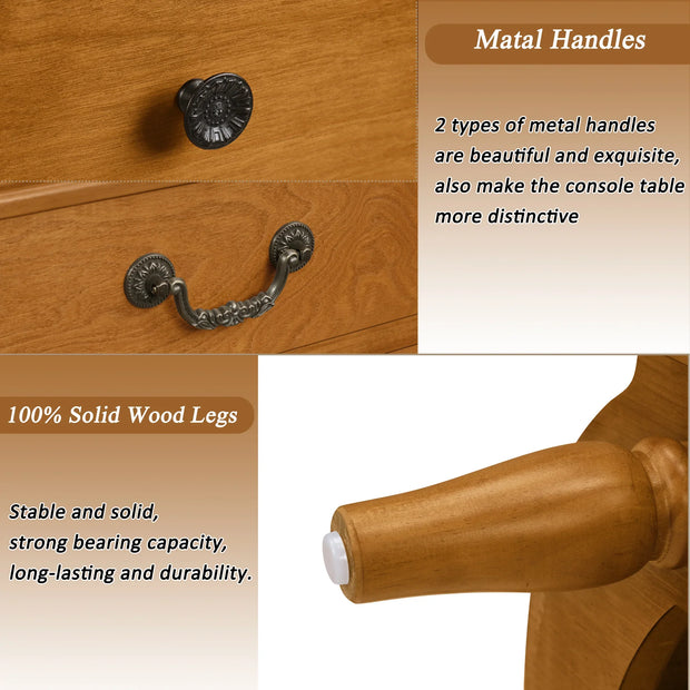 Retro Curved Wood Console Table with 3 Drawers, 43'' Entry Table with Storage Shelf, Sofa Table Behind Couch with Solid Wood Legs for Living Room Hallway, Brown - Fluent Trends