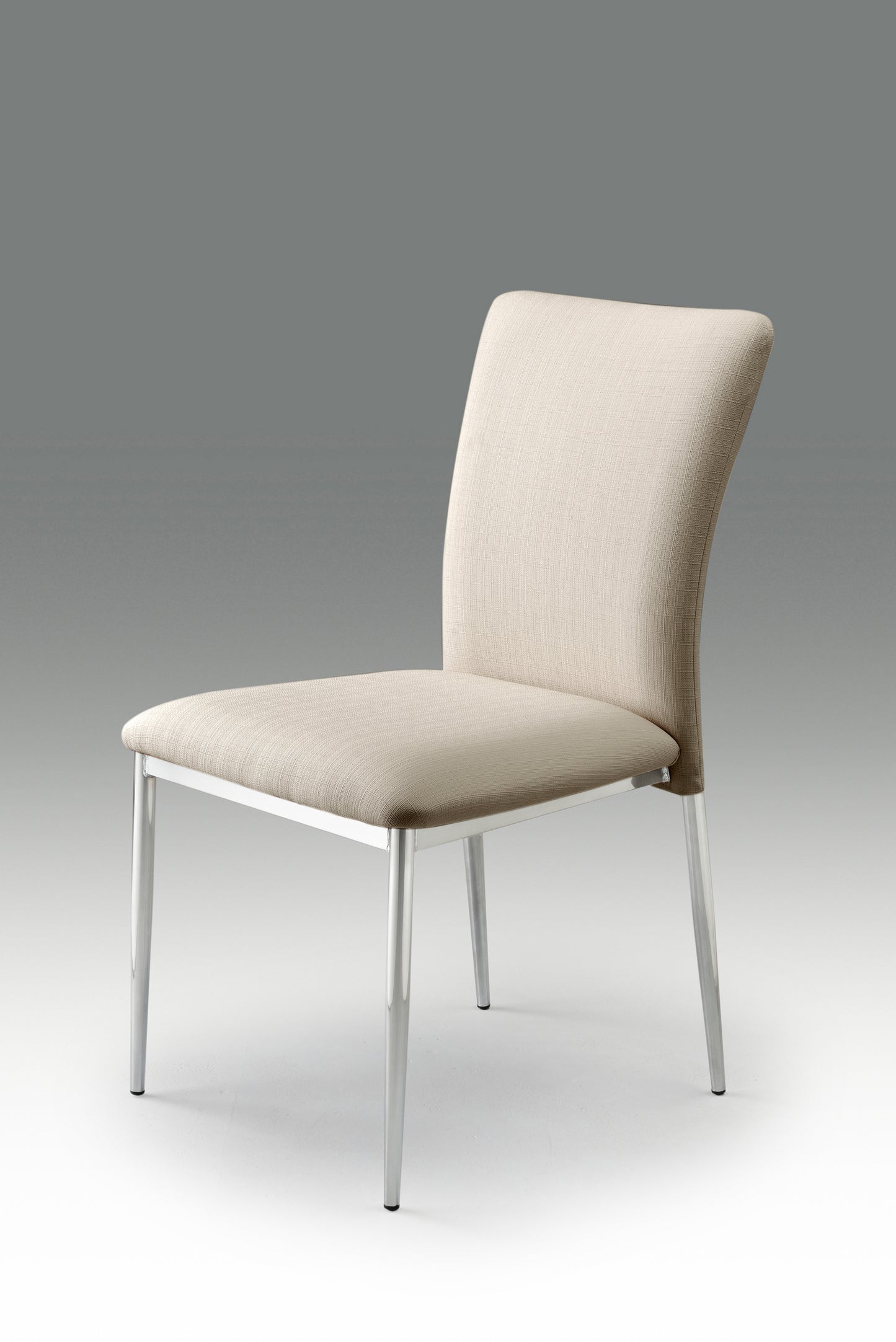 Modern beige upholstered dining chair with chrome metal legs on gray background