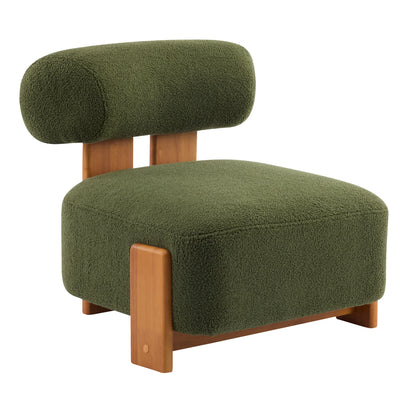 Modern green boucle lounge chair with wooden frame and rounded backrest