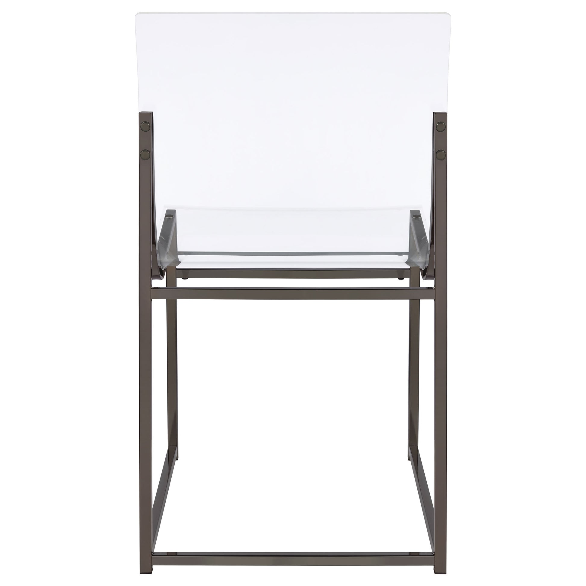 Modern transparent acrylic chair with black metal frame and sleek minimalist design