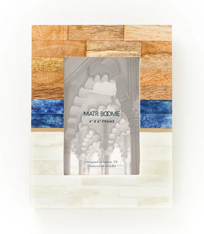 Kaveri 4x6 Natural, Blue, Brown Picture Frame - Carved Bone, Wood - Fluent Trends