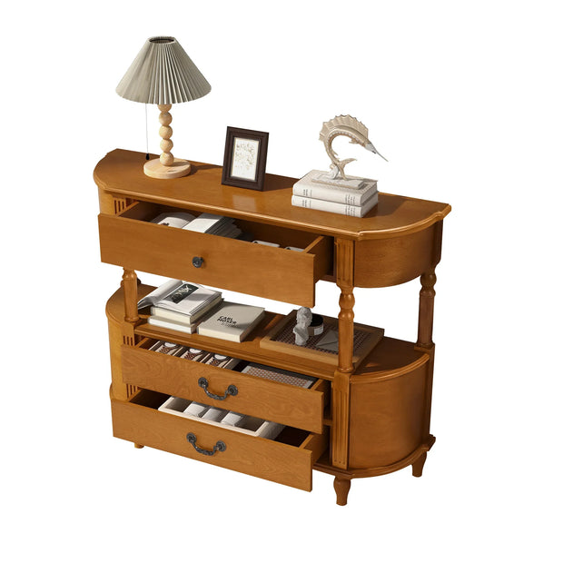 Retro Curved Wood Console Table with 3 Drawers, 43'' Entry Table with Storage Shelf, Sofa Table Behind Couch with Solid Wood Legs for Living Room Hallway, Brown - Fluent Trends