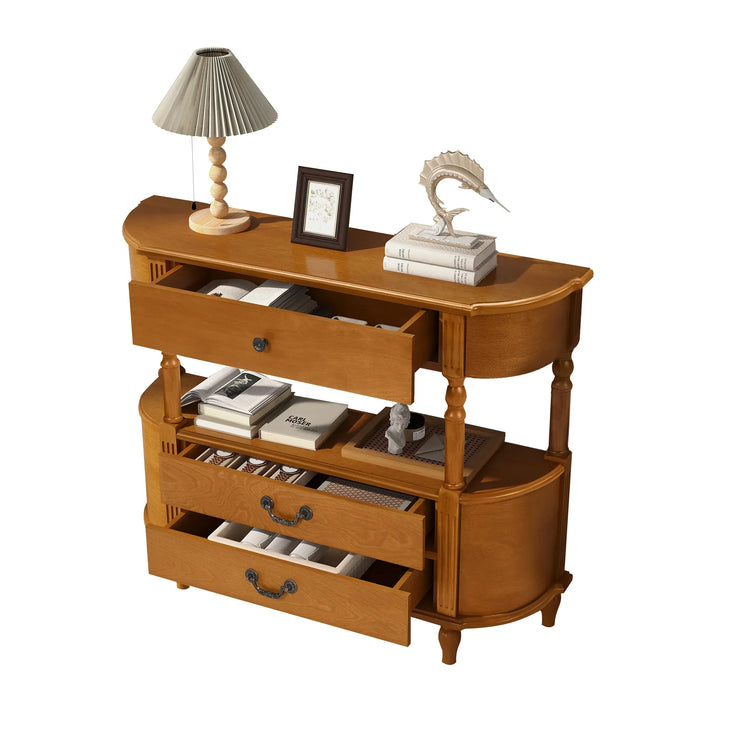 Retro Curved Wood Console Table with 3 Drawers, 43'' Entry Table with Storage Shelf, Sofa Table Behind Couch with Solid Wood Legs for Living Room Hallway, Brown - Fluent Trends