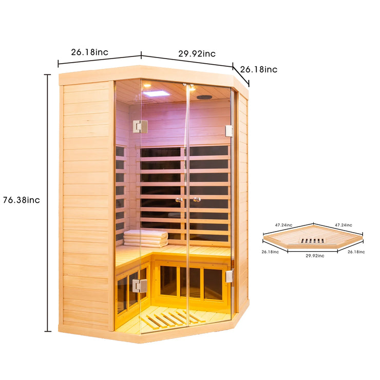 Deluxe Hemlock Far Infrared Corner Sauna Room with Glass Front for Two Persons - Fluent Trends