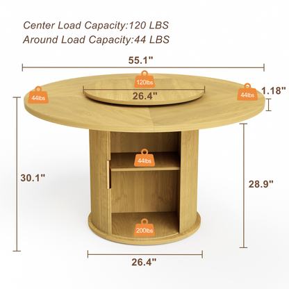 Fluent Trends 55" round natural wood dining table dimensions infographic, showing load capacities for top and storage shelves.
