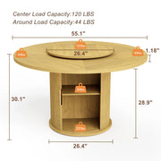 Fluent Trends 55" round natural wood dining table dimensions infographic, showing load capacities for top and storage shelves.