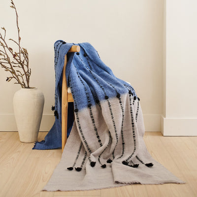 Mari Serene Blue Gray Calming Hues Hand Woven Hand Knotted Textured Merino Throw - Fluent Trends Throw Blankets