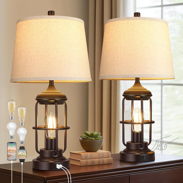 Set of 2 Farmhouse Table Lamps with USB, Touch Control, Dimmable LED, 2700K Bulbs - Fluent Trends Table lamp