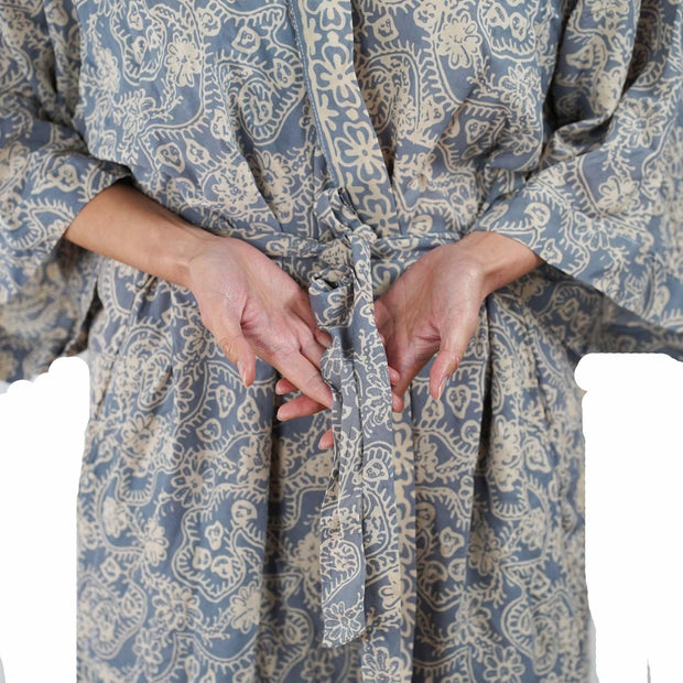 Hand Dyed Batik Robe Kimono, 100% Cotton, Gray, Silver Petals - Fluent Trends