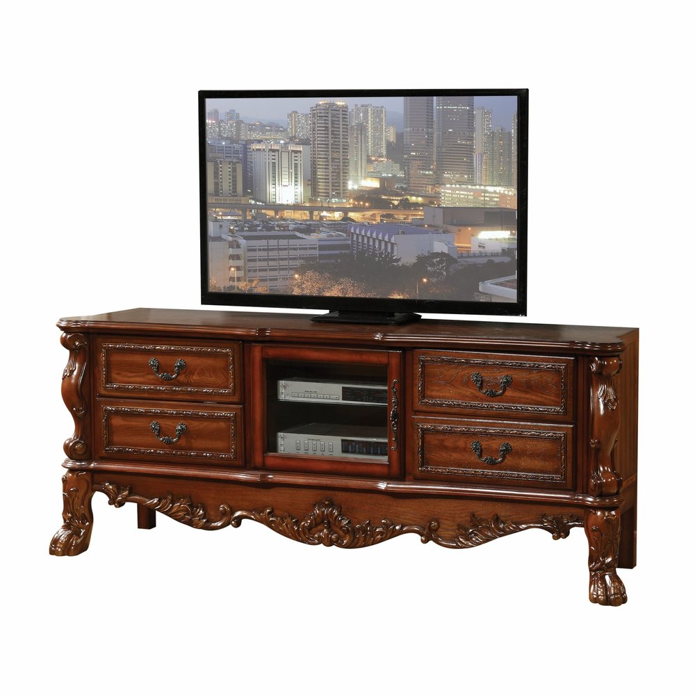 79" Brown Carved Scrollwork Wood And Glass Entertainment Center