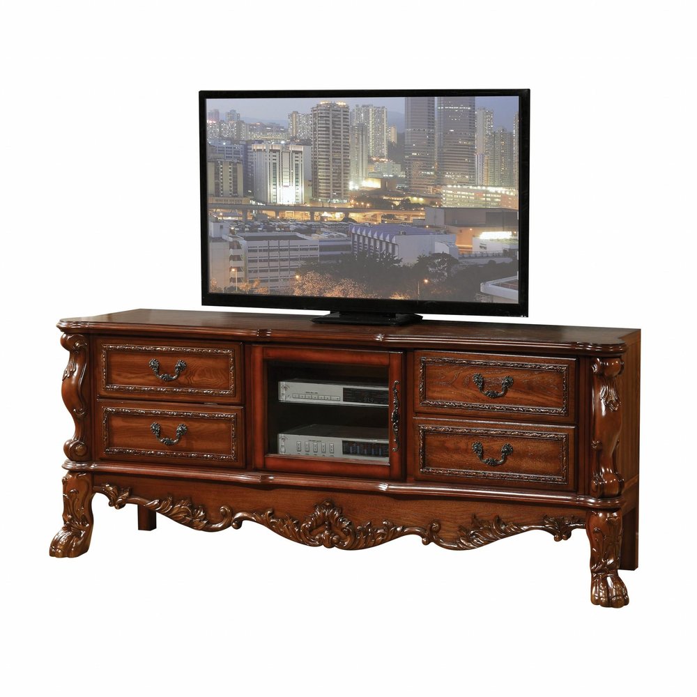 79" Brown Carved Scrollwork Wood And Glass Entertainment Center