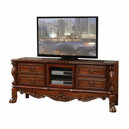 79" Brown Carved Scrollwork Wood And Glass Entertainment Center