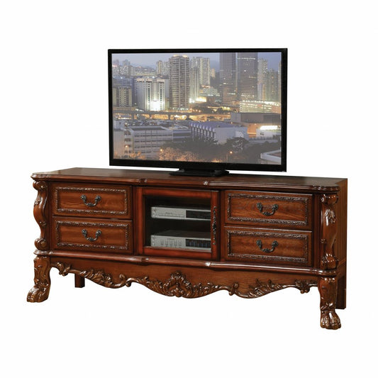 79" Brown Carved Scrollwork Wood And Glass Entertainment Center
