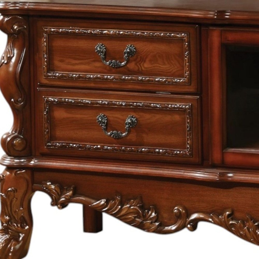 79" Brown Carved Scrollwork Wood And Glass Entertainment Center